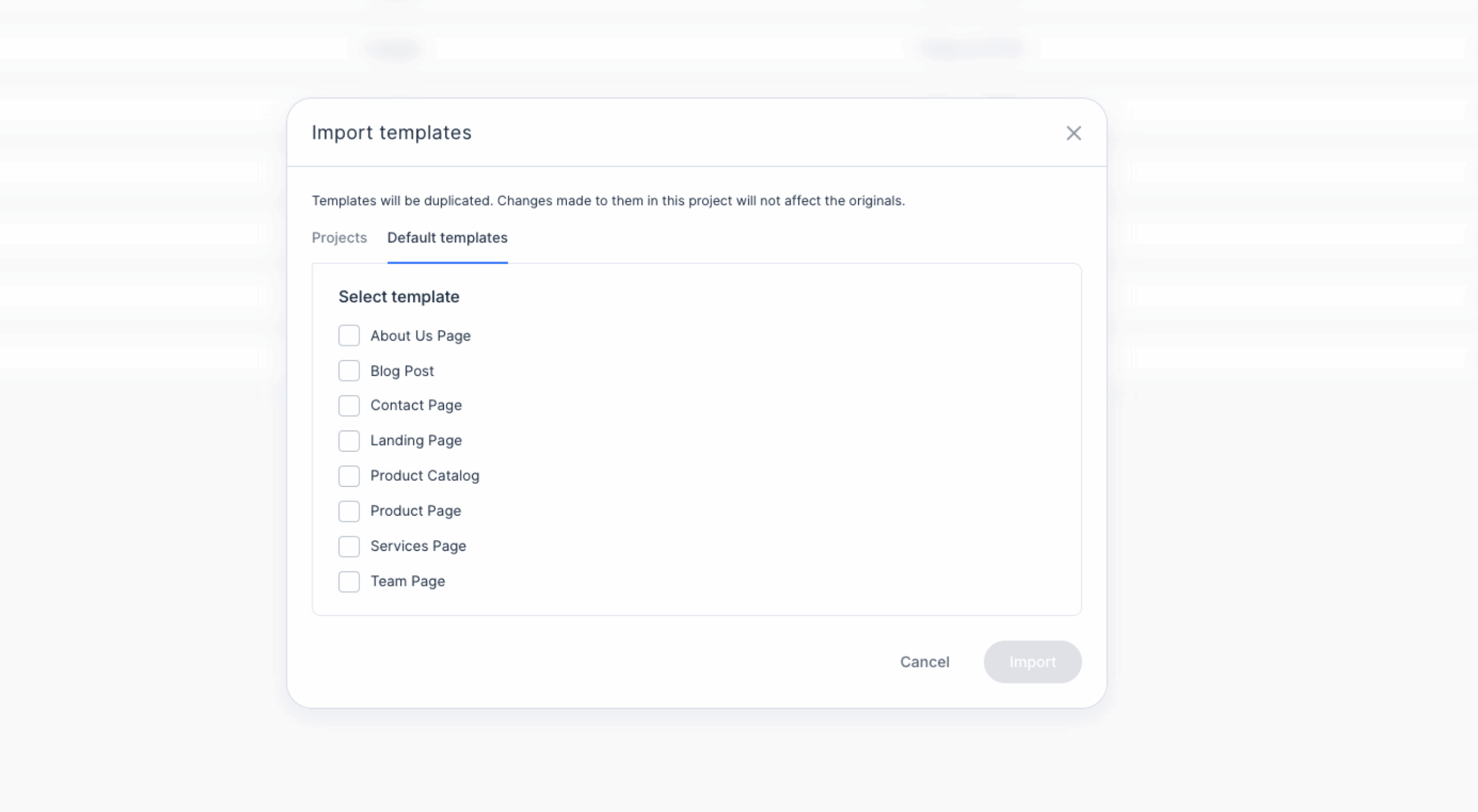 Import Templates window with the Default Templates tab selected and several default templates selected for import.