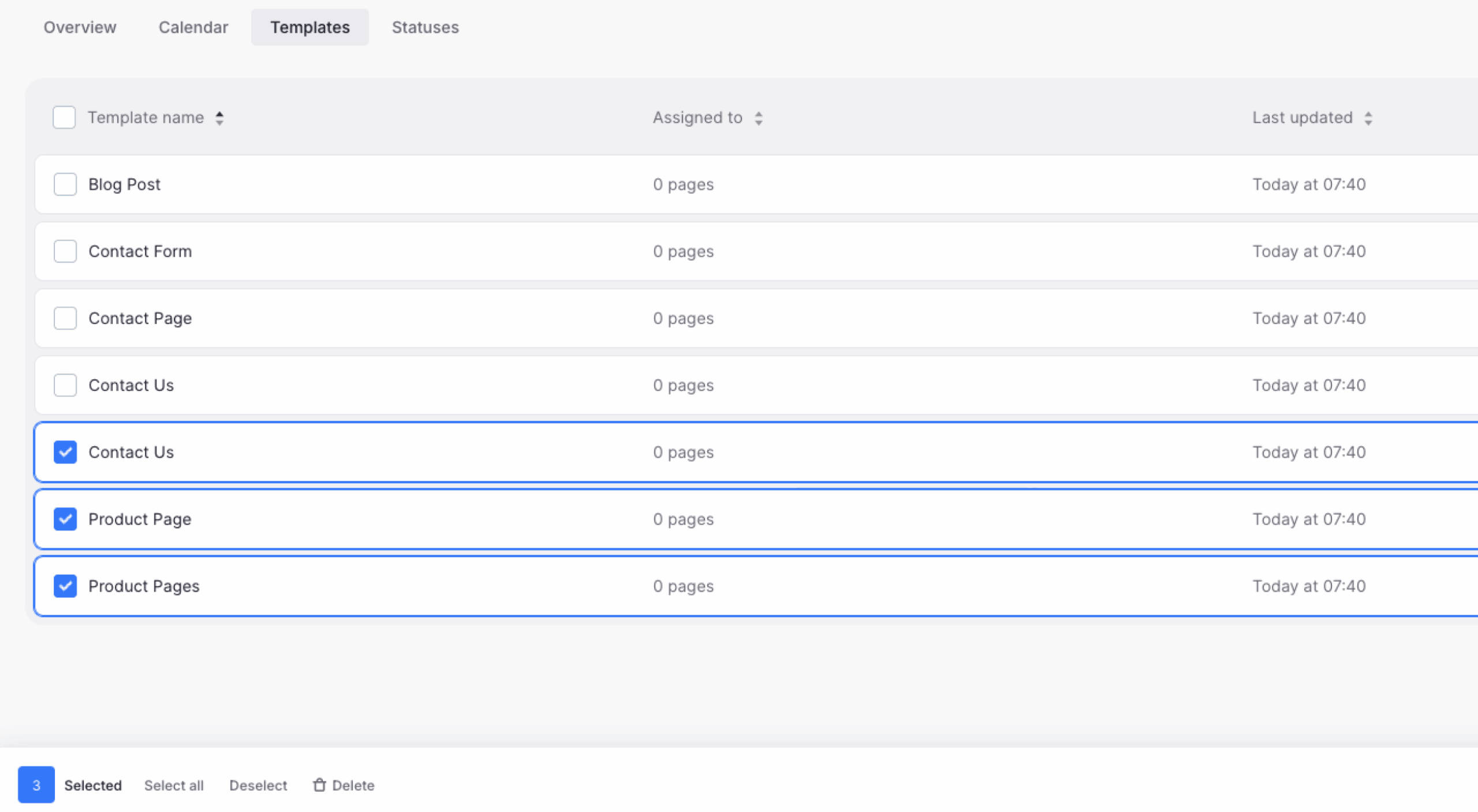 Templates page with multiple templates selected and the bulk action bar showing Select All, Deselect and Delete.