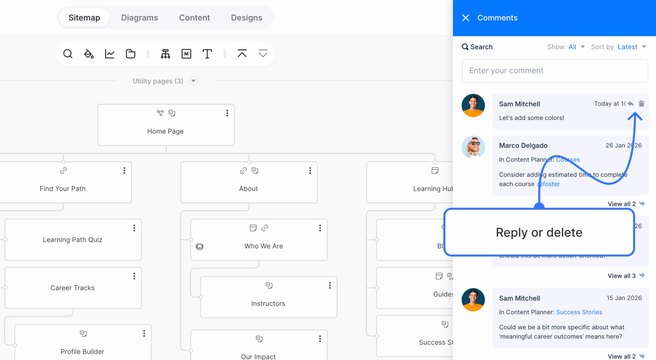 Reply and delete controls displayed for a project comment
