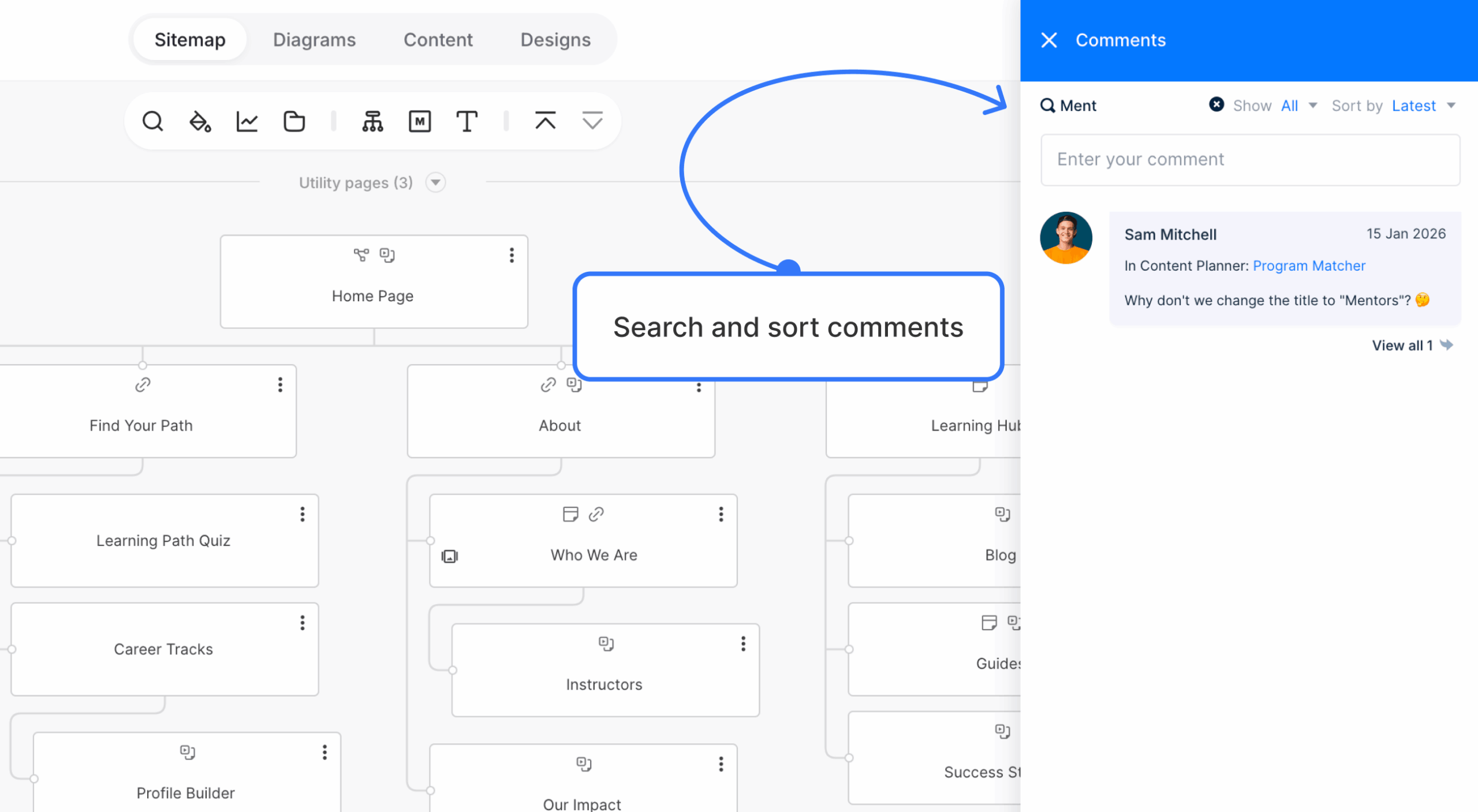 Search field and sorting options in the project comments panel