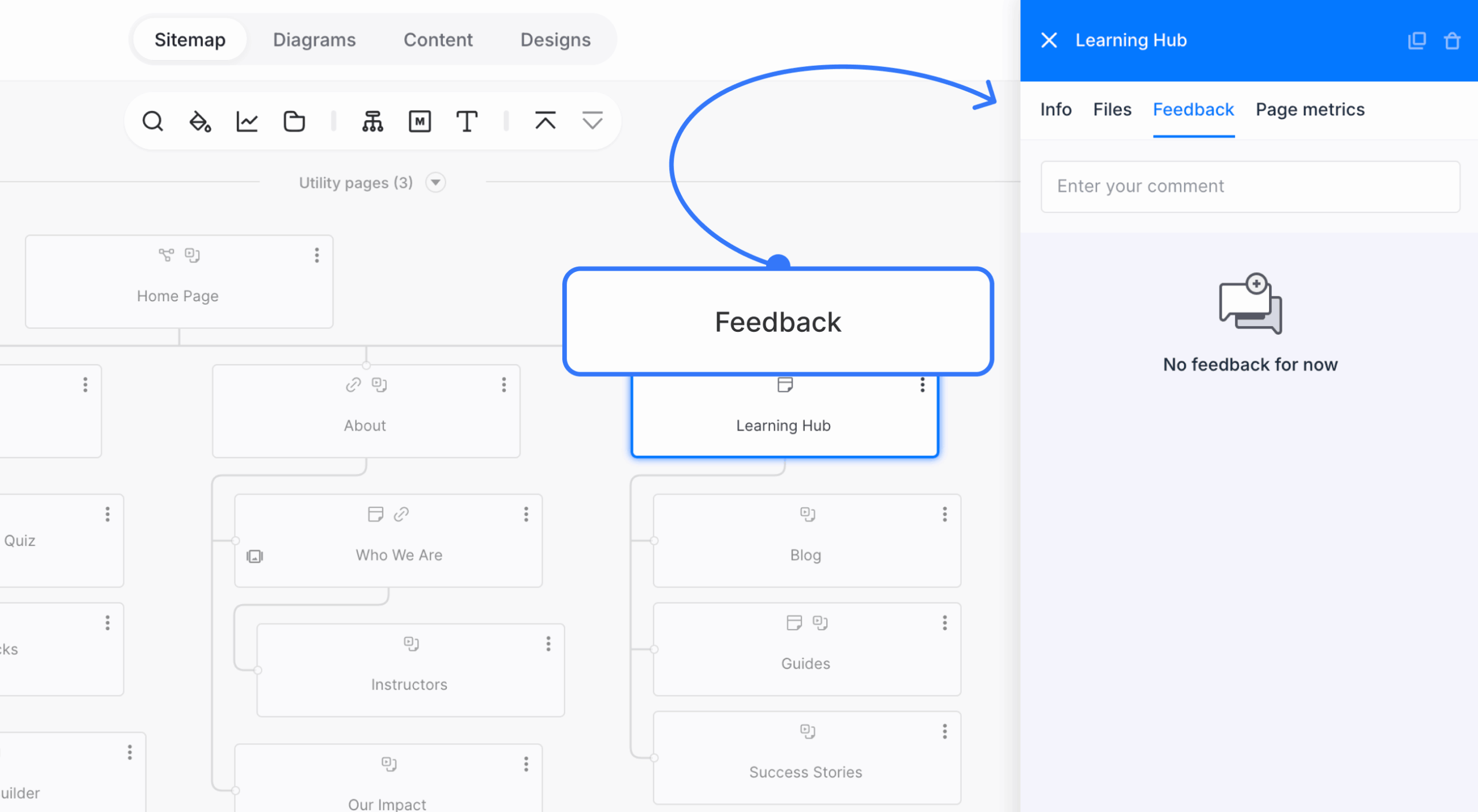 Feedback tab open for a selected sitemap page