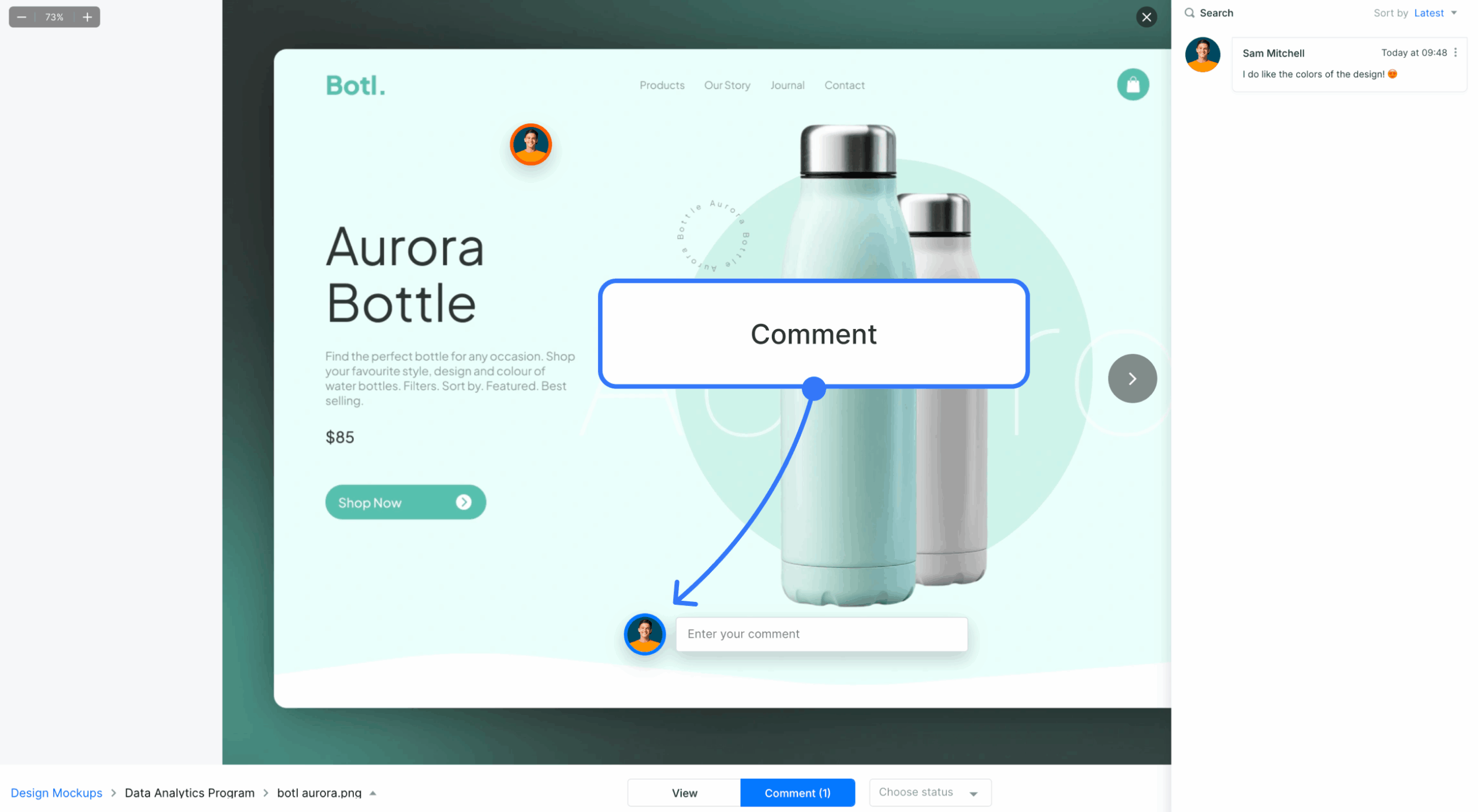 Comment mode active on a design mockup