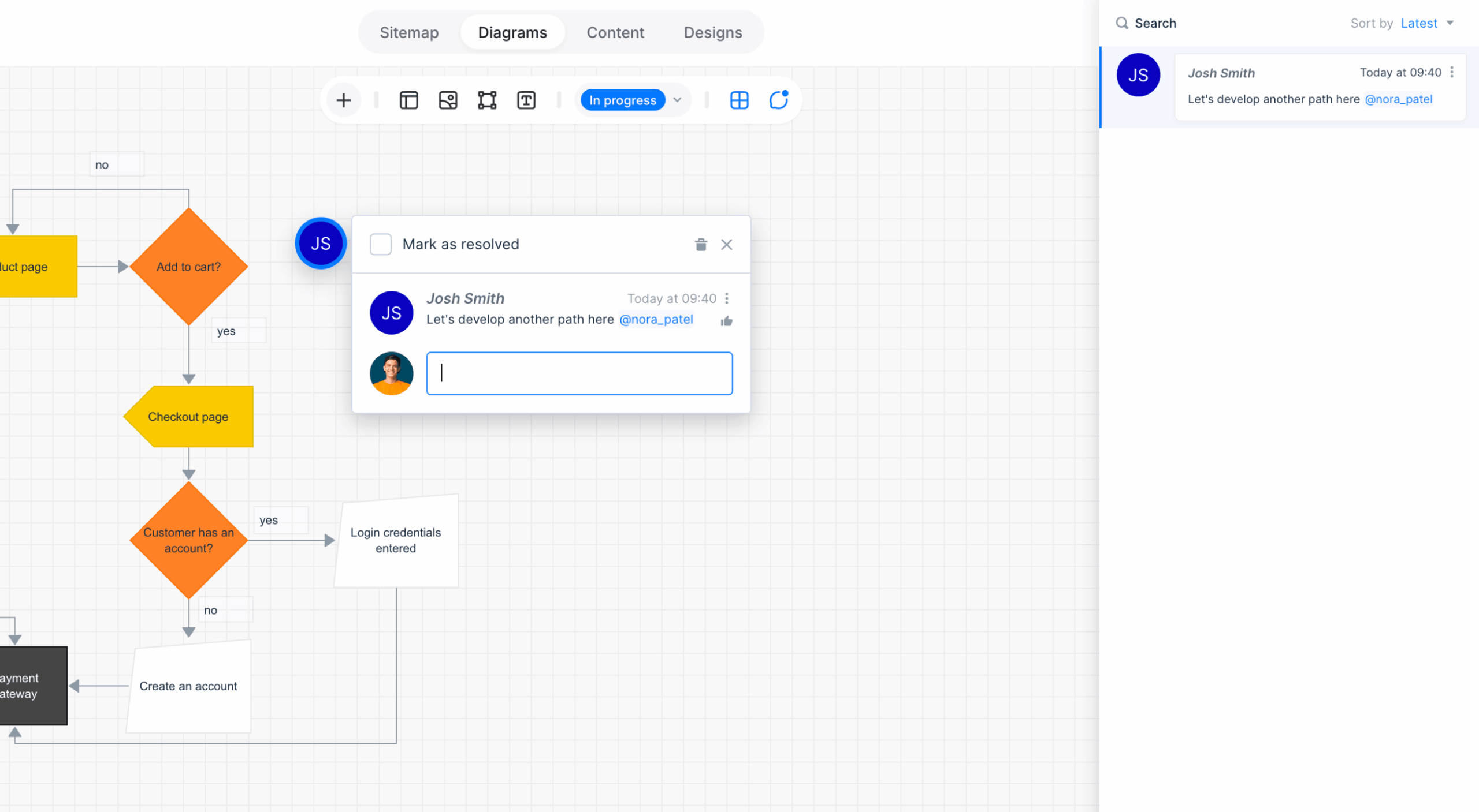 Commenting mode active on a site planning diagram