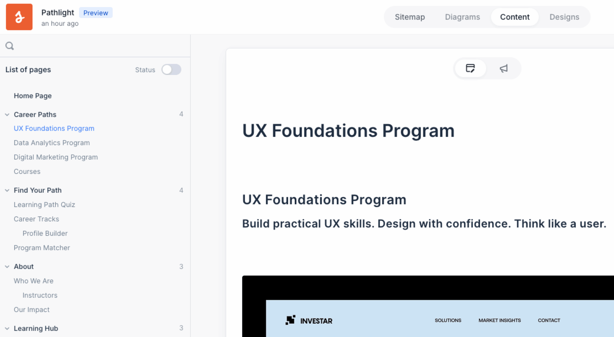 Preview mode showing the project name, Preview badge and navigation for sitemap, diagrams, content and designs.