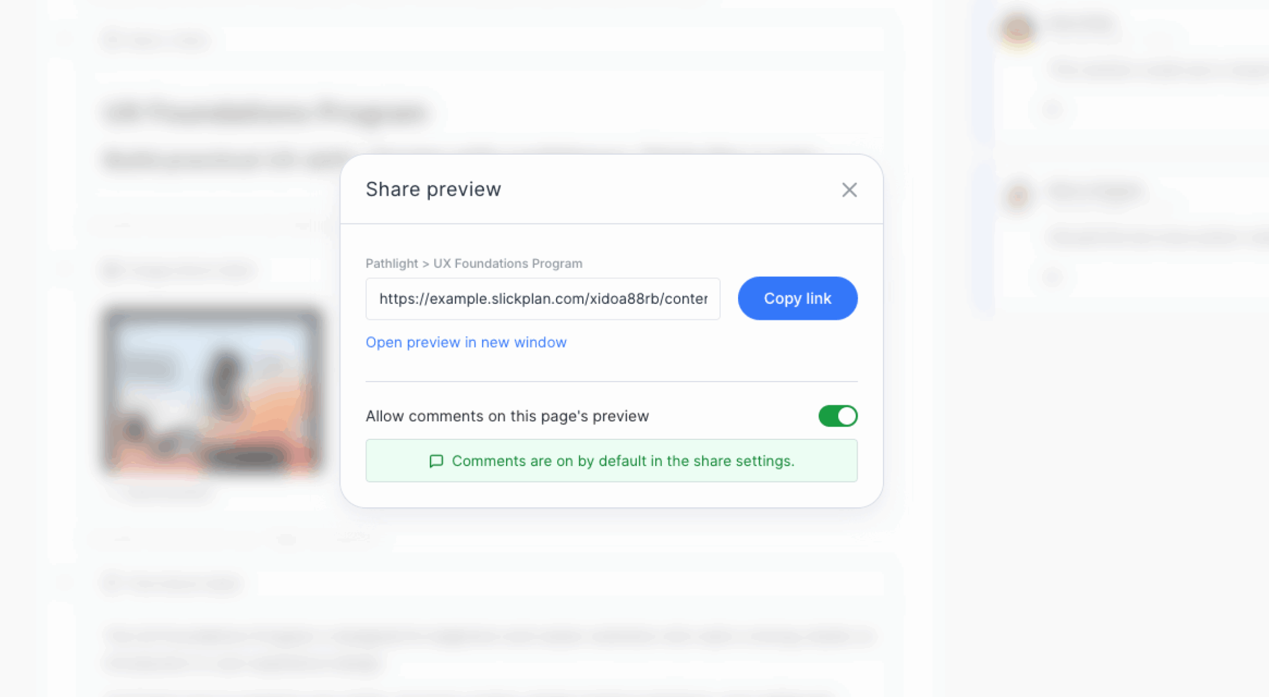 Share Preview dialog with the page preview link, Copy Link button and commenting toggle enabled.