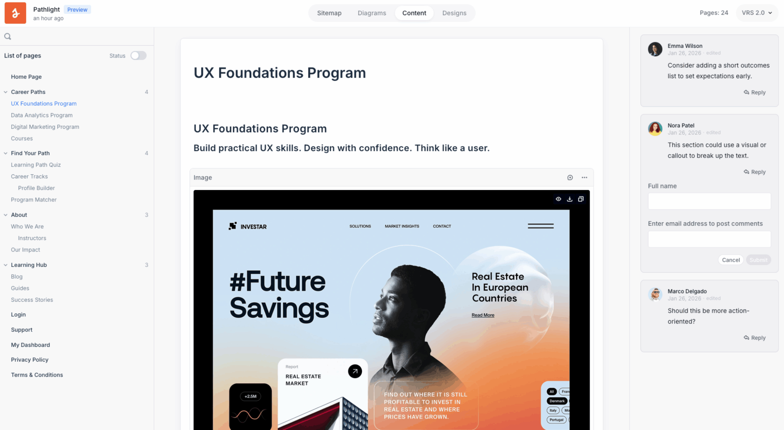 Shared preview opened on a selected page, with the project page list, search field and workflow status indicators.