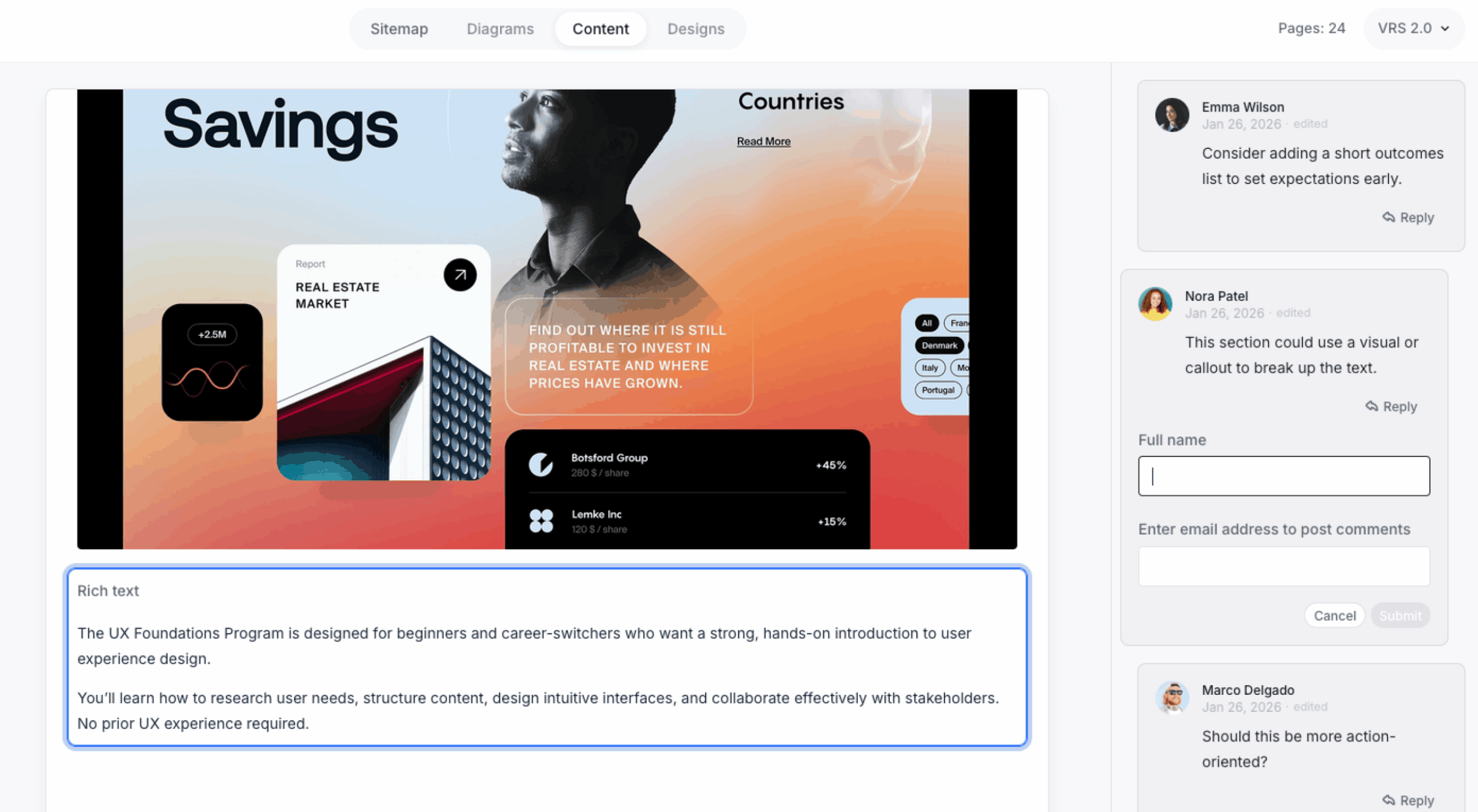 Shared preview with existing comments and a guest reply form requesting a name and email address.