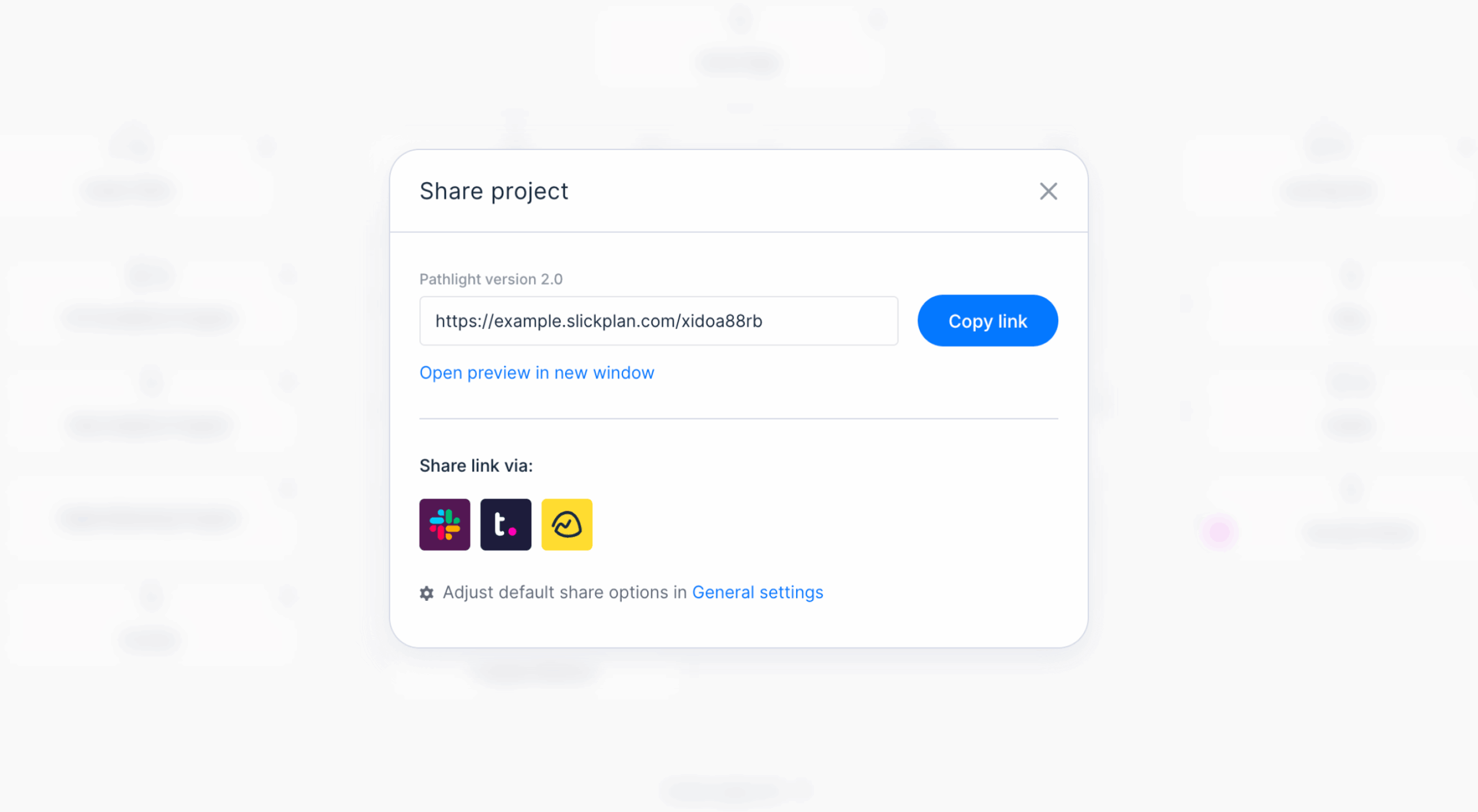 Project share modal with Copy link and Open in new window options over a blurred project interface.