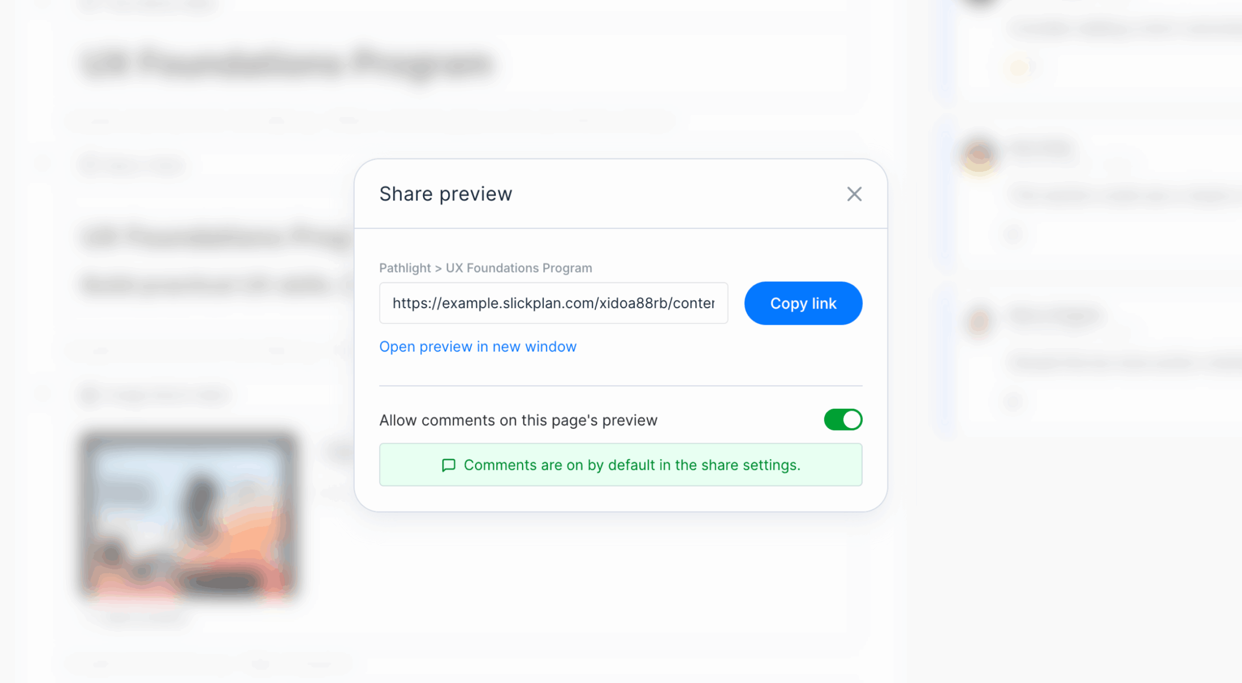 Page share modal with the page commenting toggle and options to copy or open the preview link.