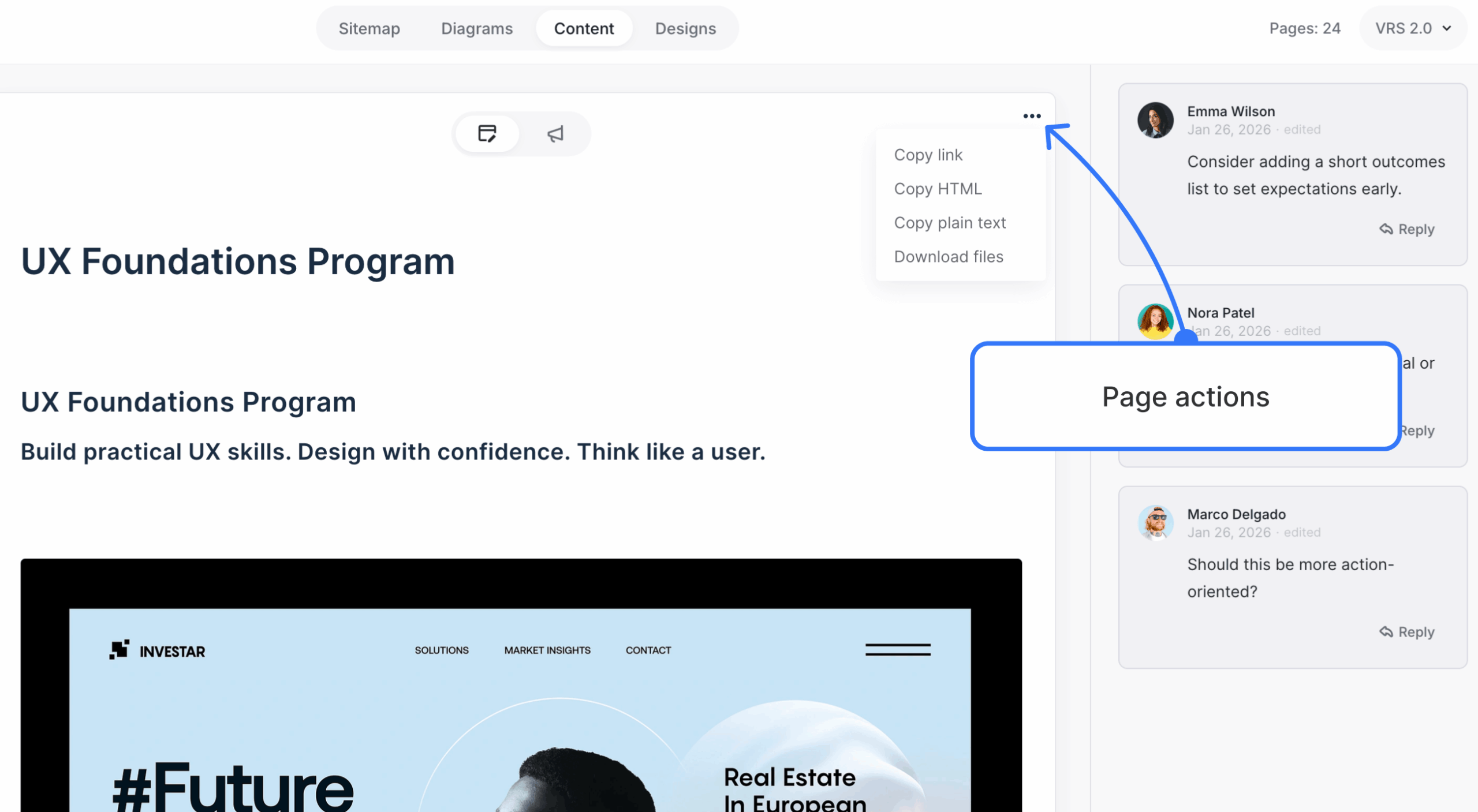Page-level More menu in preview mode with Copy HTML, Copy plain text, Copy link and Download files actions.