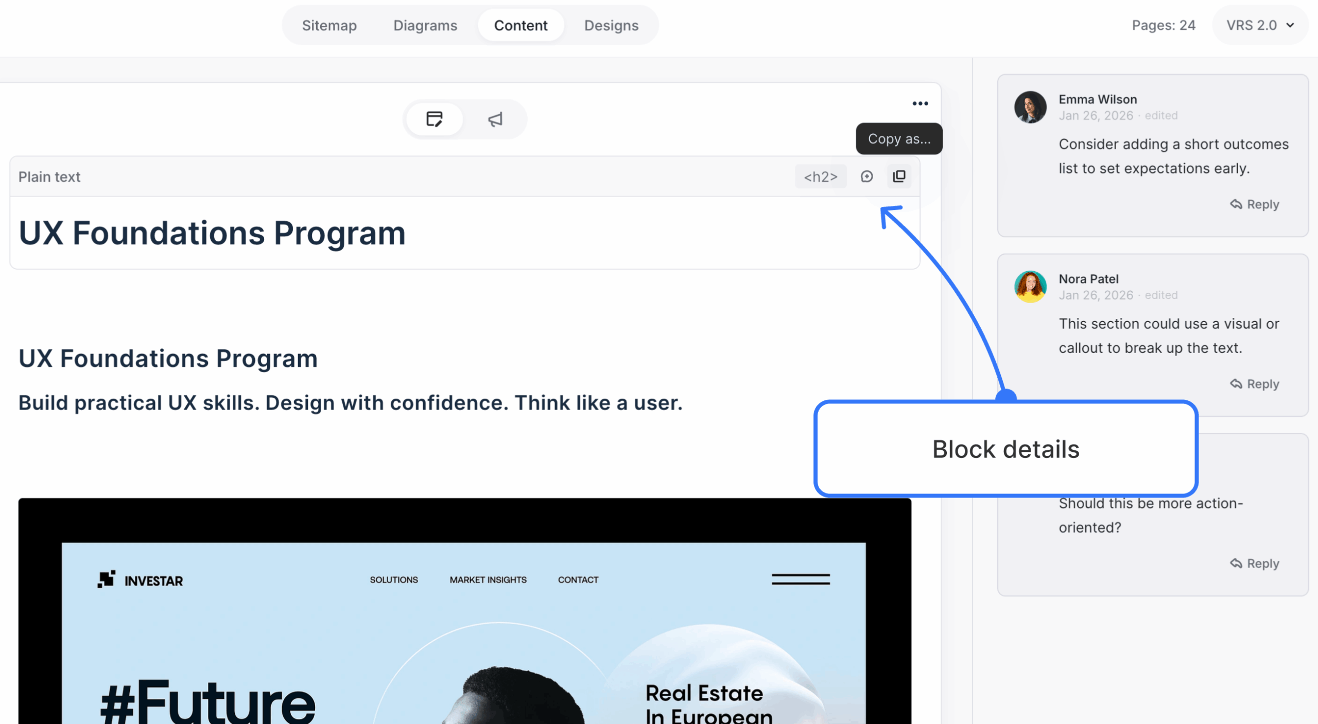 Hovered content block in preview mode showing block details and Copy as options.