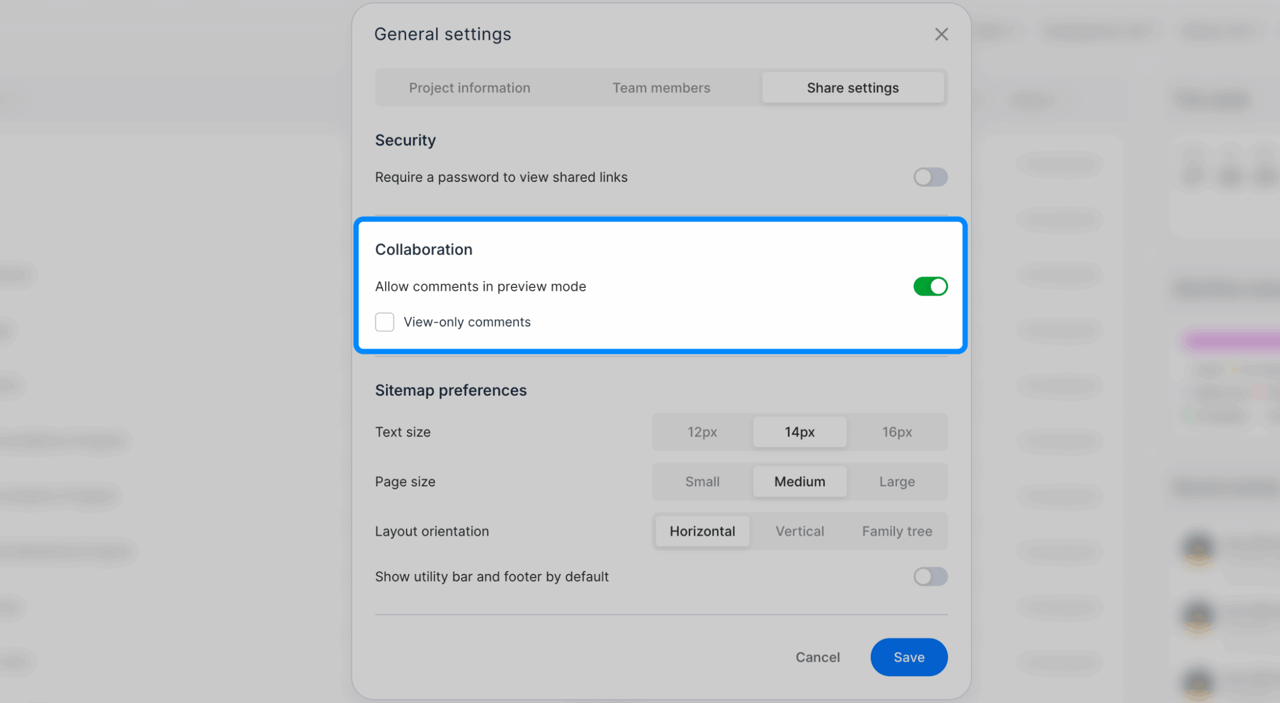 Share settings with the Allow comments in preview mode and View-only comments options
