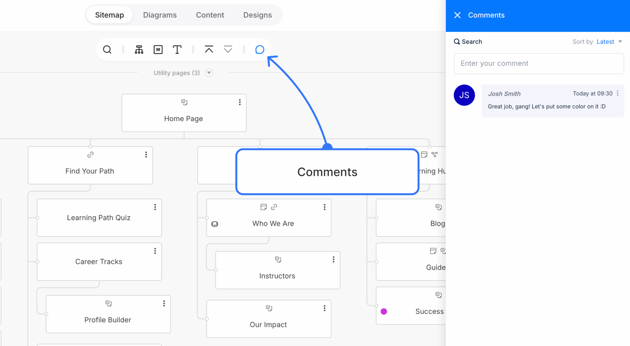 Shared site planning project with the Comments icon and comments panel open
