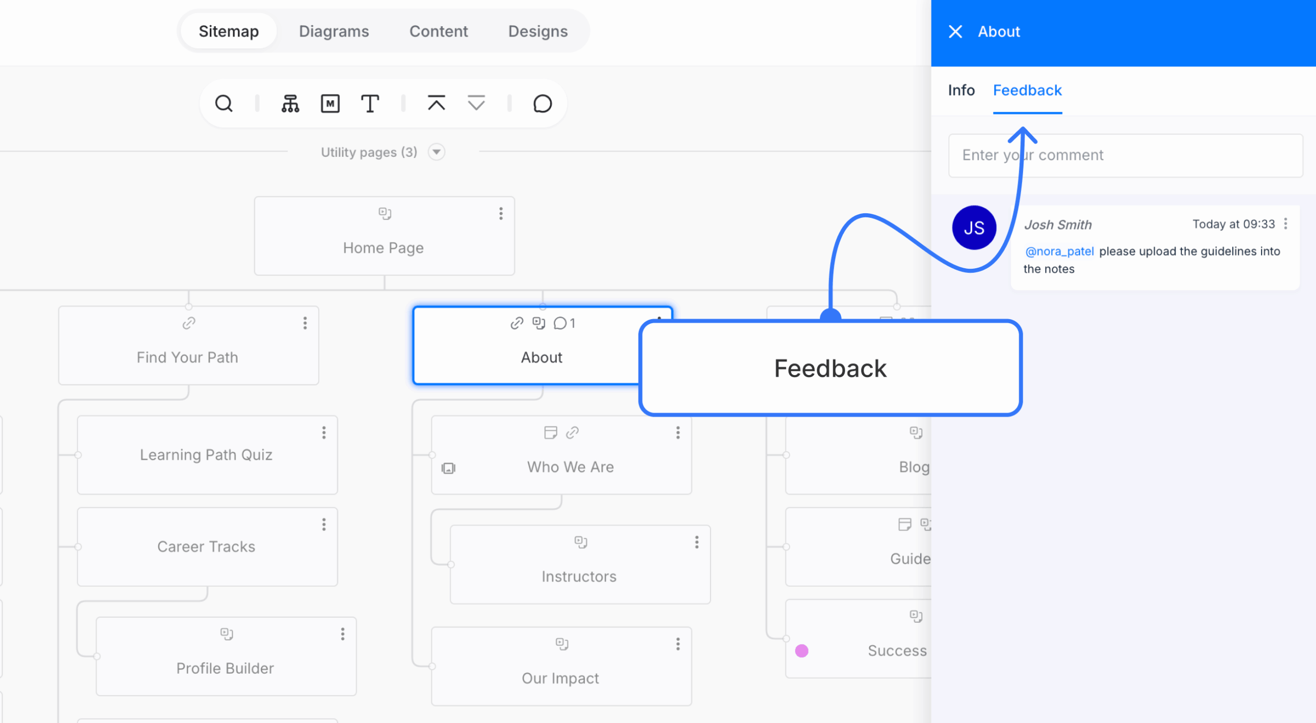 Selected sitemap page with the Feedback tab open in page properties