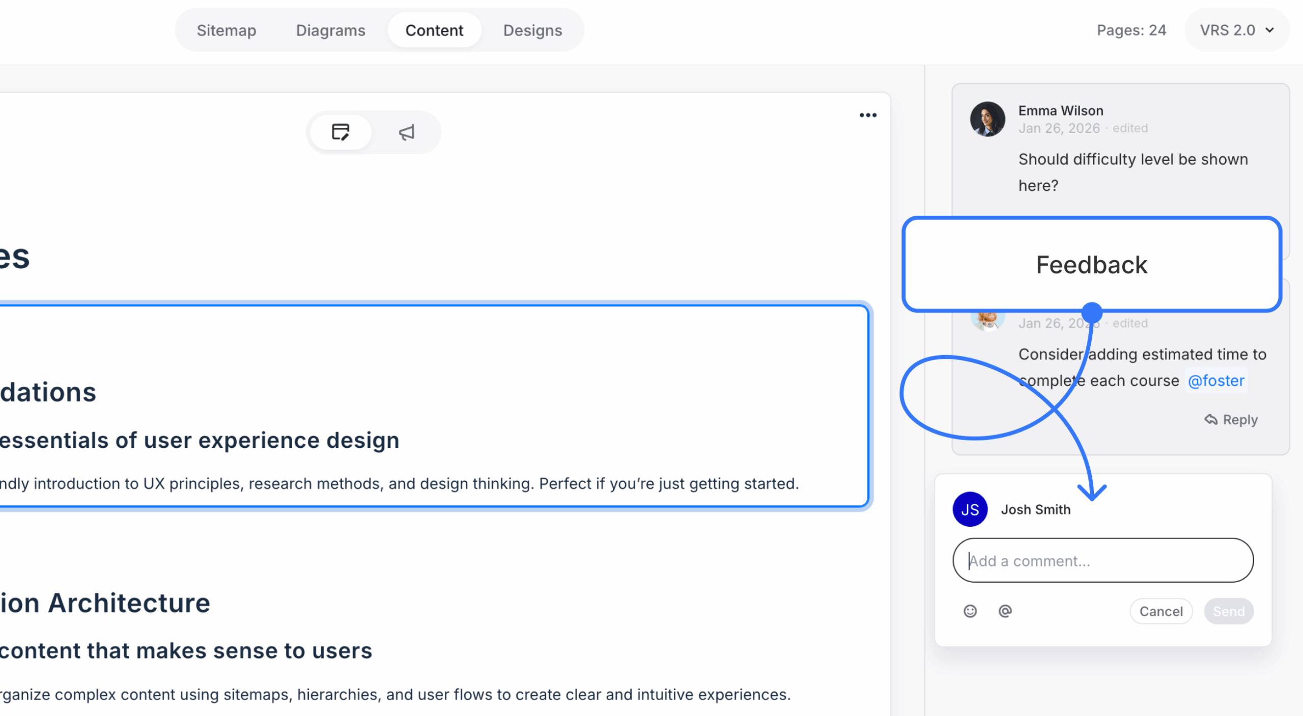 Shared content block with its comment icon and comment card open