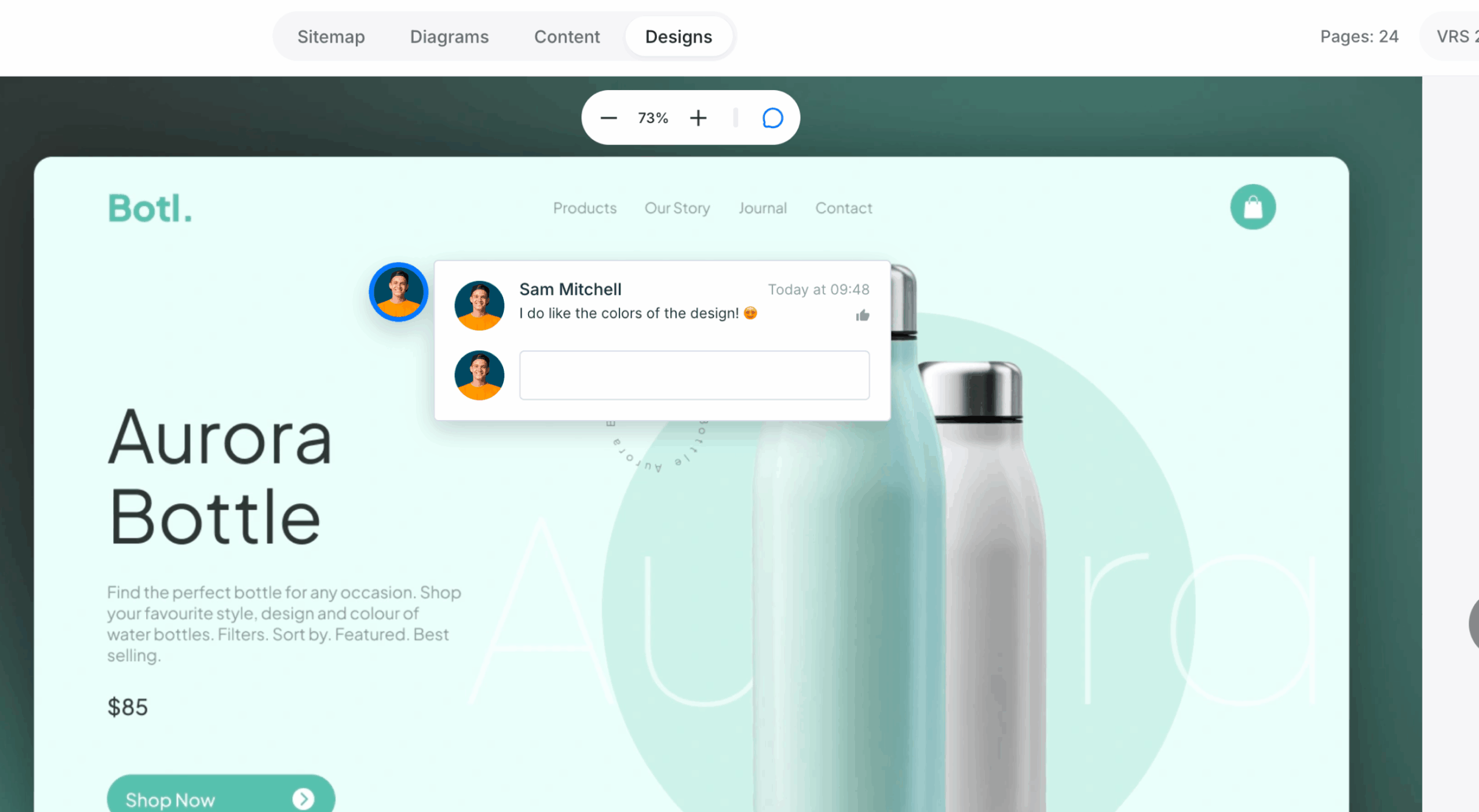 Shared design mockup with the comments panel and a floating comment visible