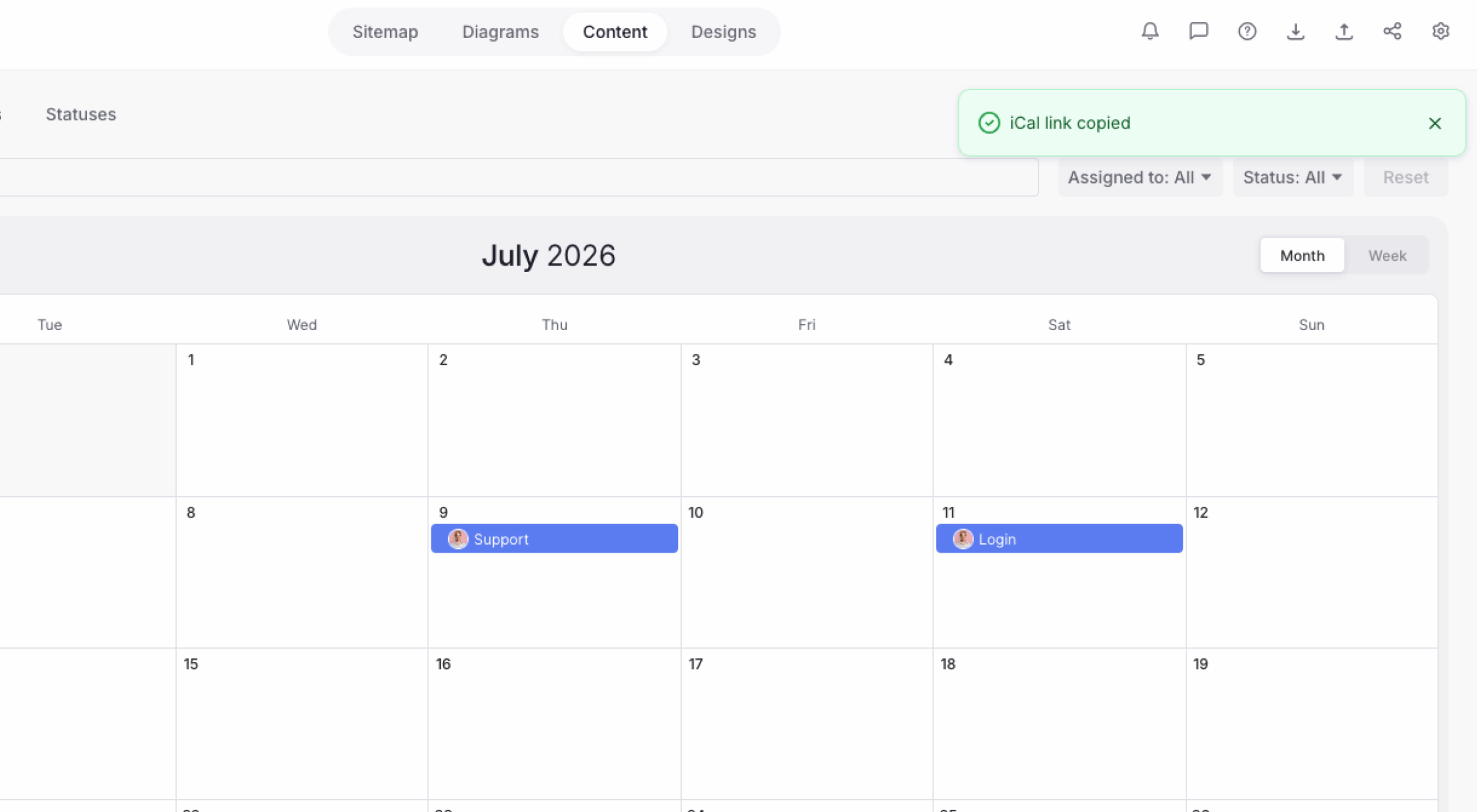 Content Calendar showing the Sync Calendar button and the iCal link copied confirmation.