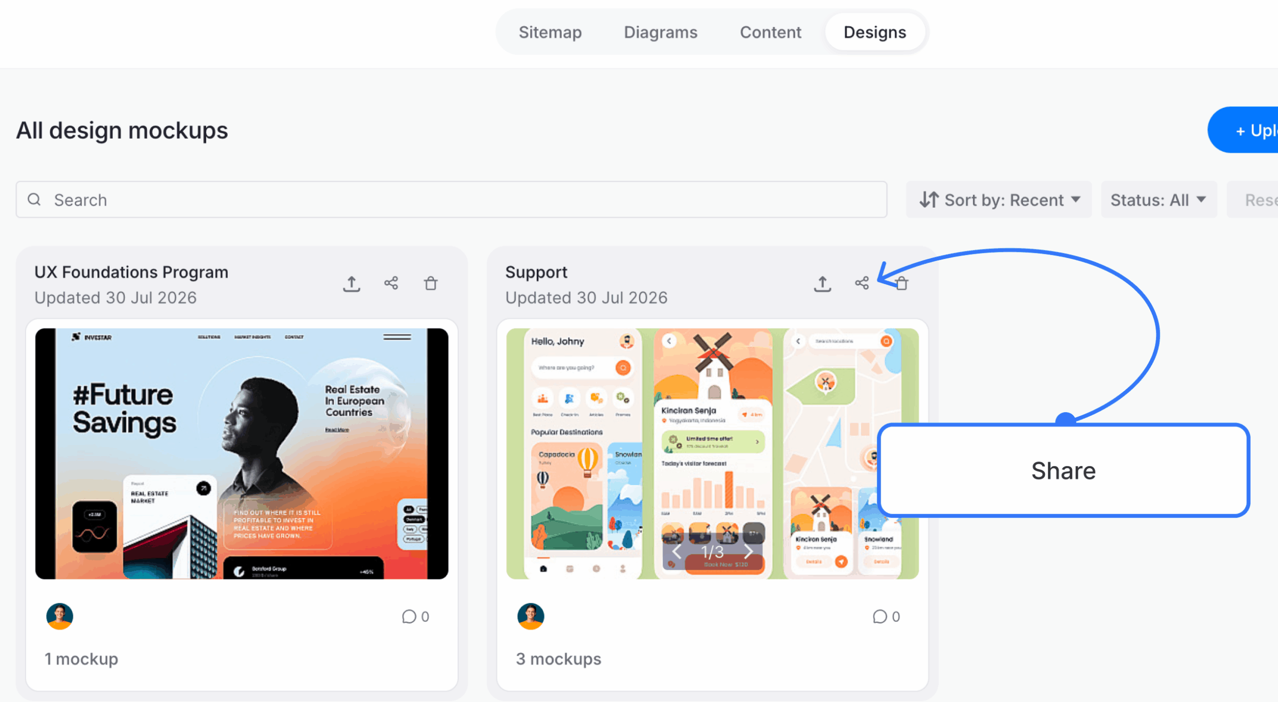 Designs dashboard with a mockup selected and the Share action identified
