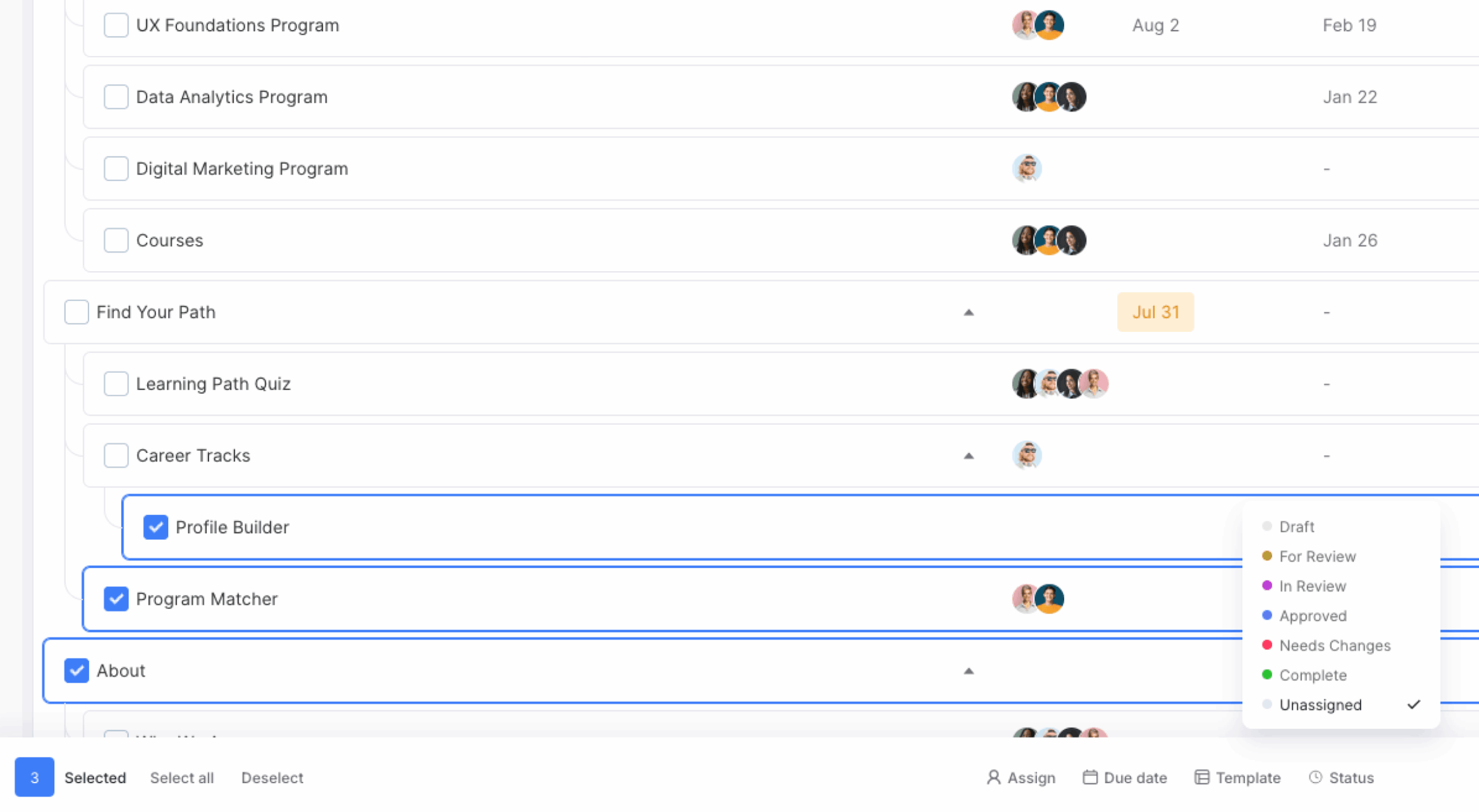 Content Overview with several pages selected and the bulk Status menu open in the bottom drawer.