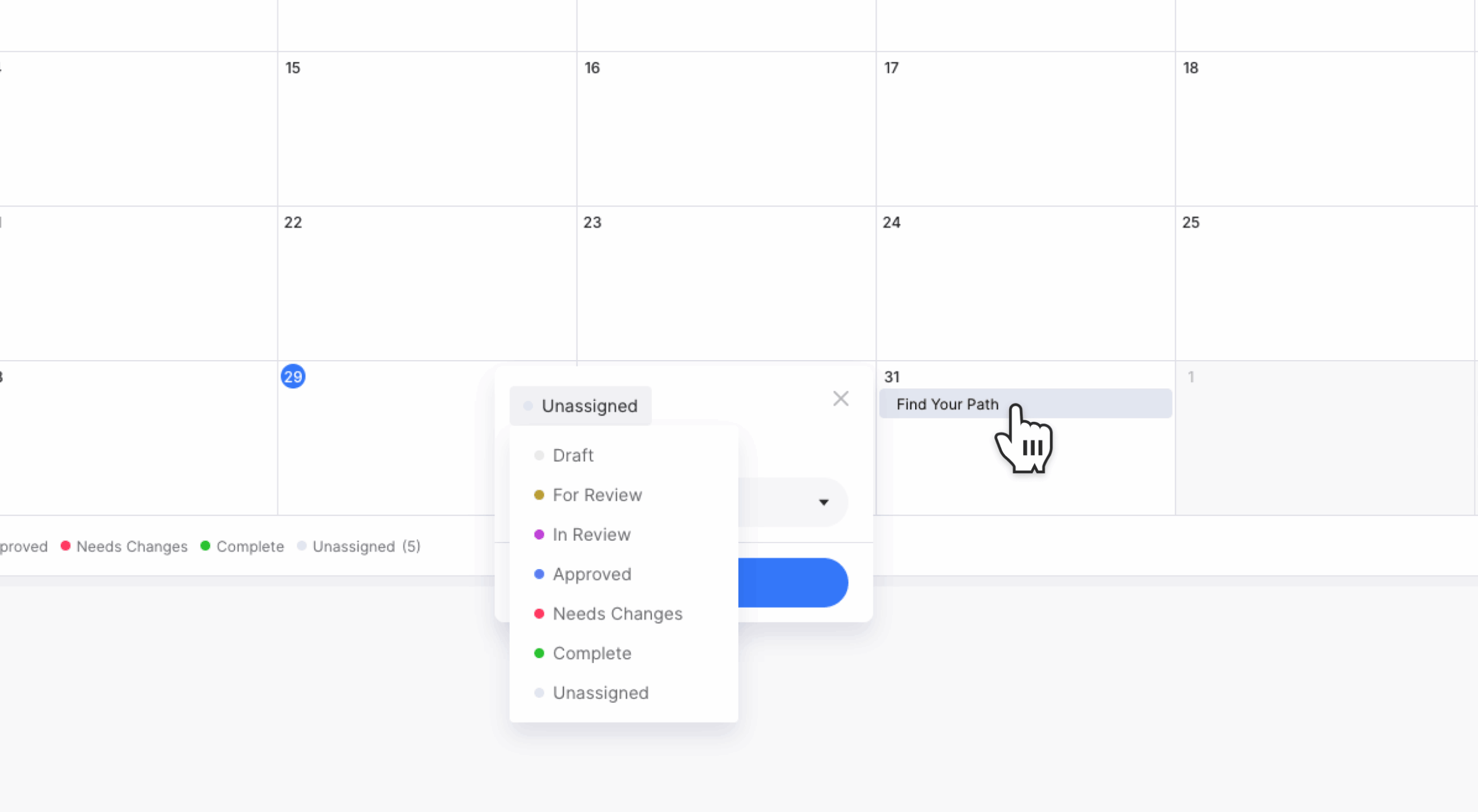 Content Calendar with a page quick-action popup open and its workflow Status menu displayed.