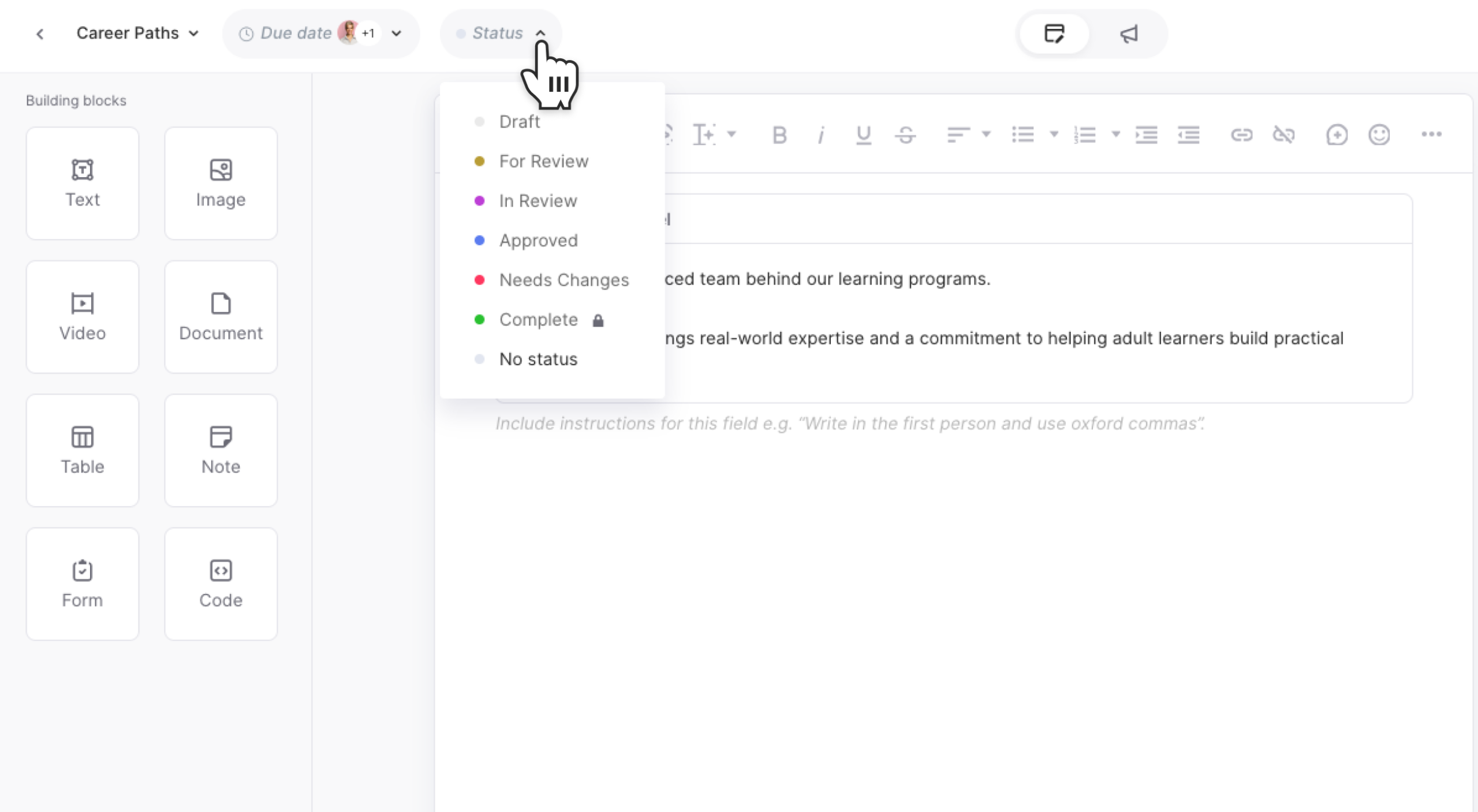 Page Editor with the workflow Status menu open in the toolbar beside the page name.