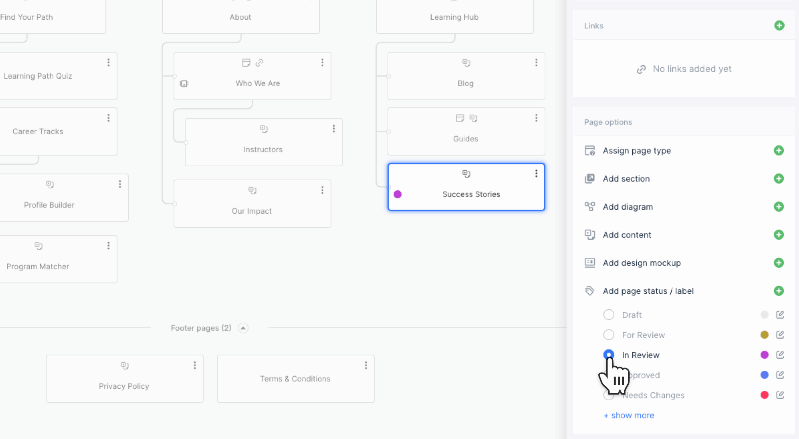 Sitemap Builder with a page selected and status options displayed in the Page Properties panel.
