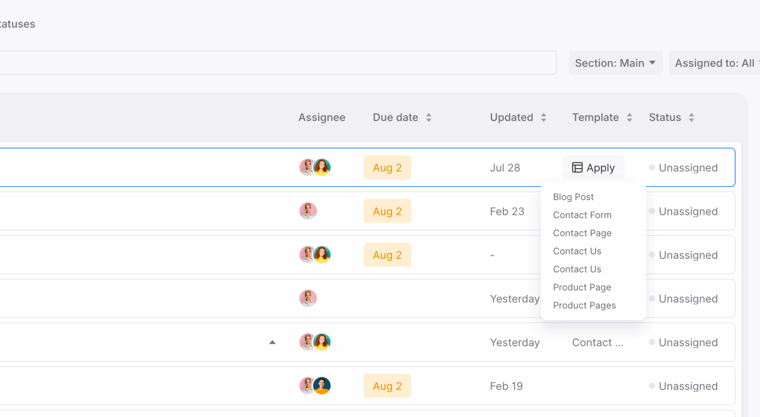 Content Overview with the template selector open for one page.