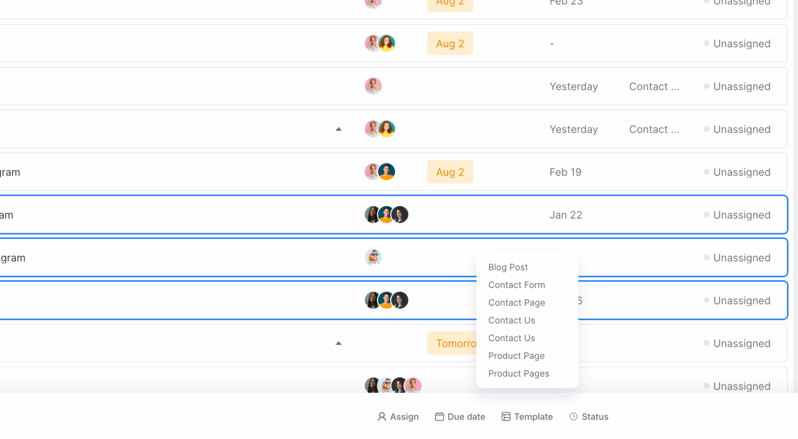 Multiple pages selected in Content Overview with the Template bulk action available.