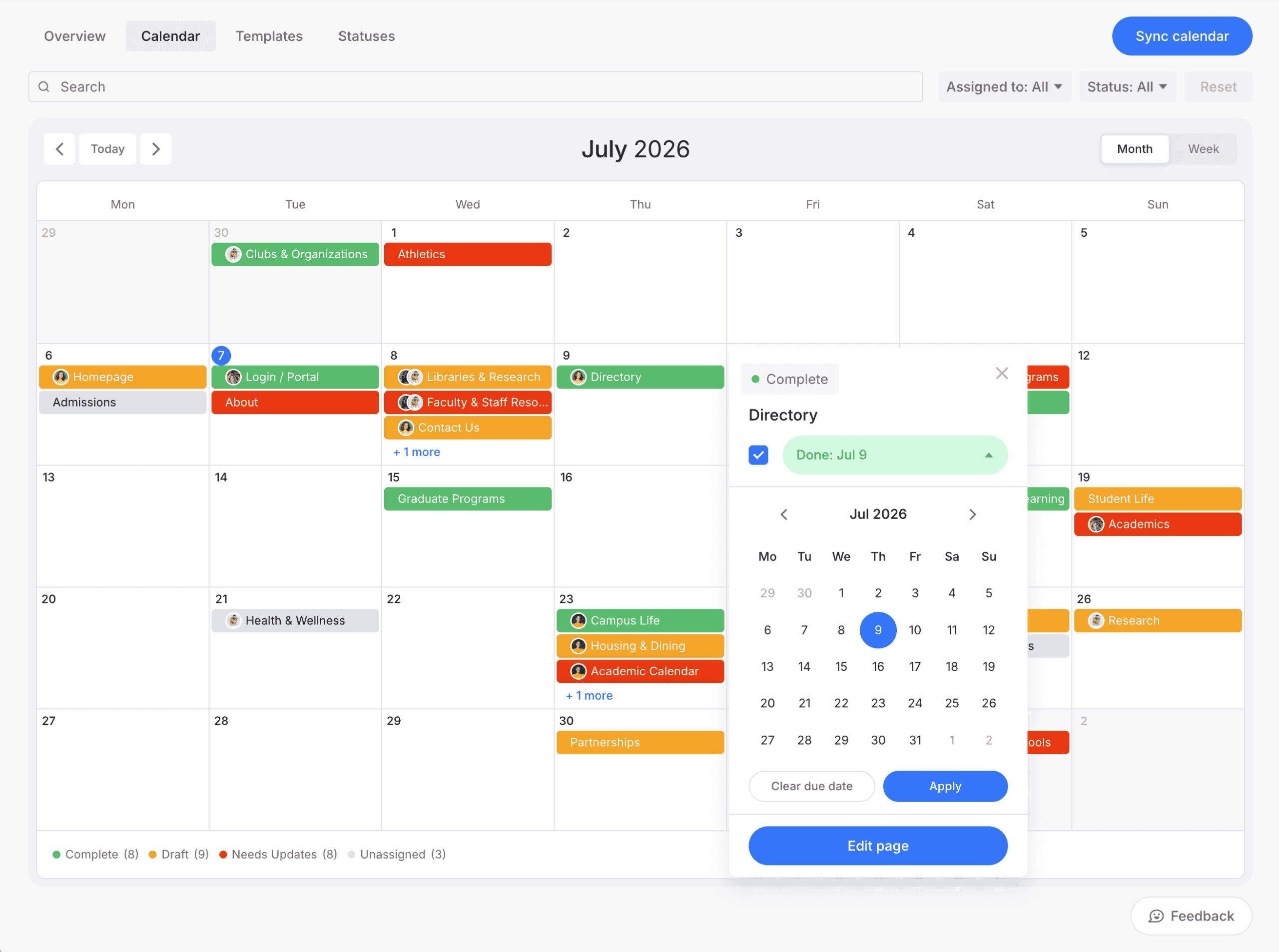 Content Calendar month view with page status popup