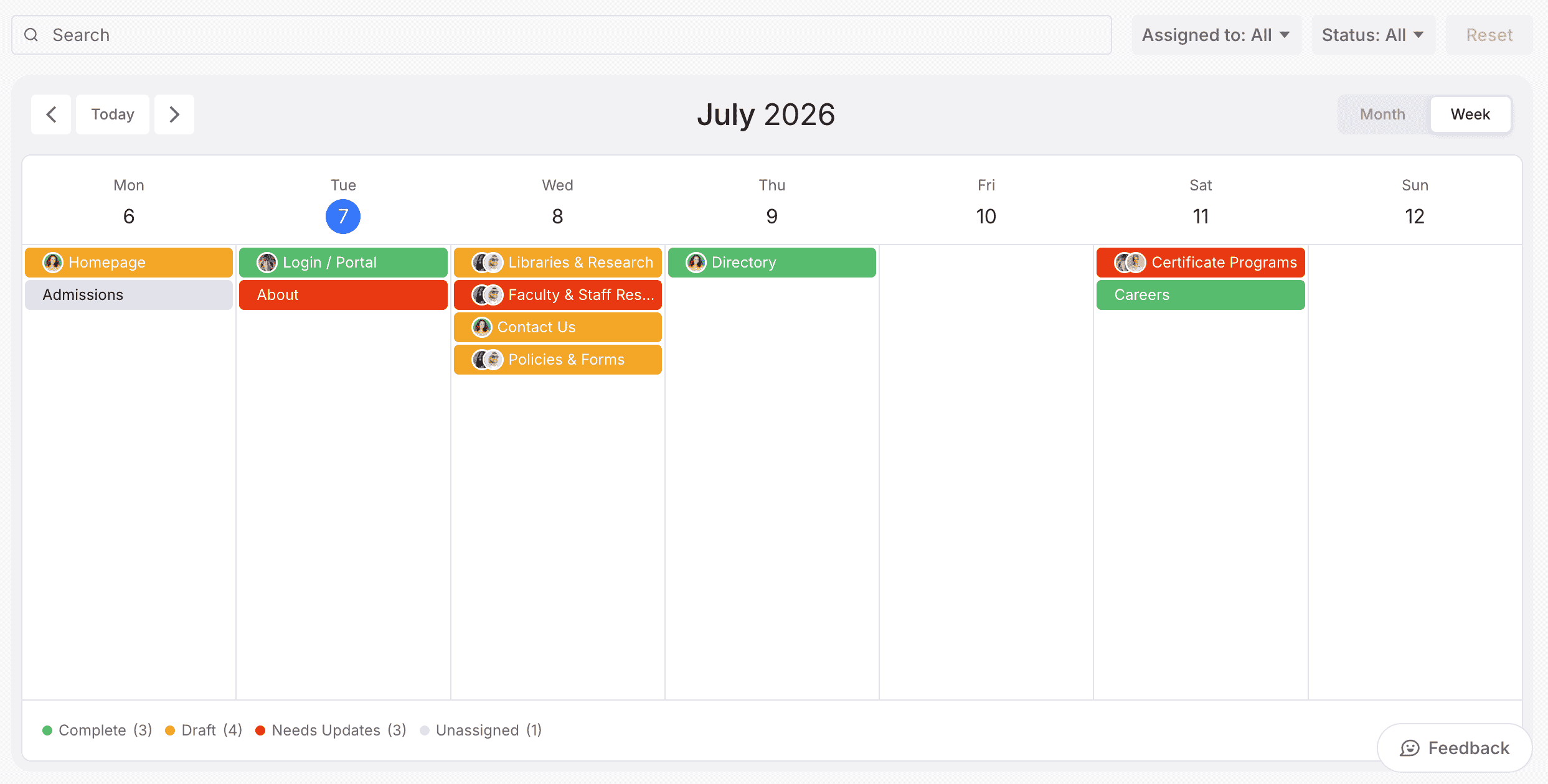 Content Calendar week view showing scheduled content pages by day