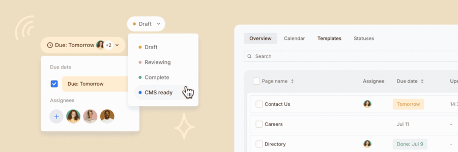 Content Planner dashboard, due date and workflow status updates