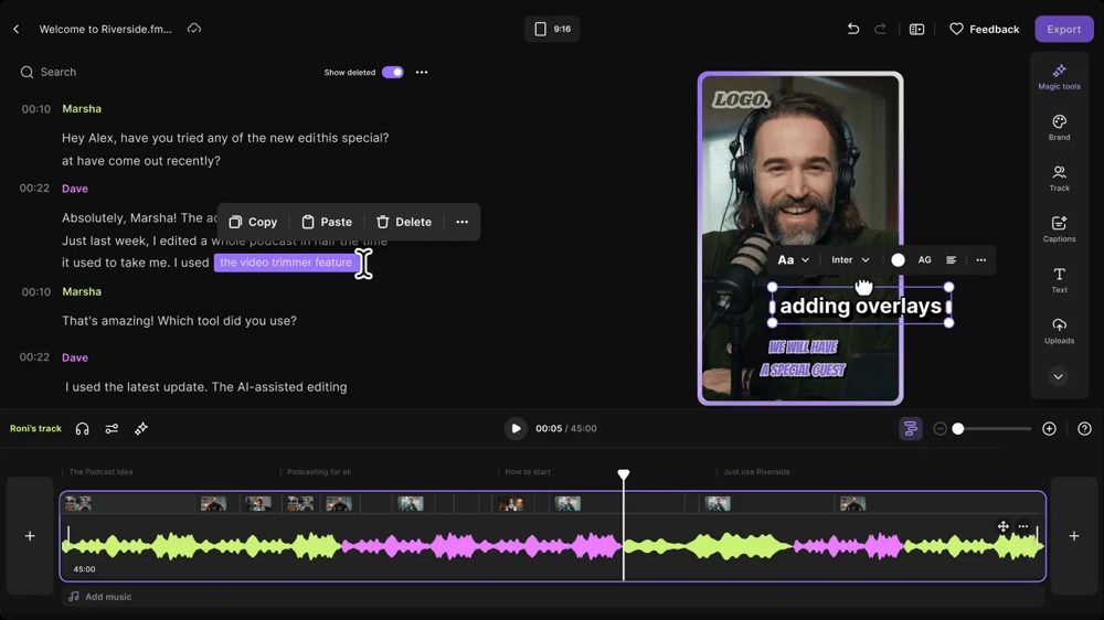 Riverside video editor showing a transcript, video preview and editing timeline